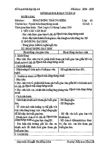 Kế hoạch bài dạy Toán + Tiếng Việt 4 - Tuần 19 - Năm học 2024-2025 - Nguyễn Thị Hồng Lĩnh