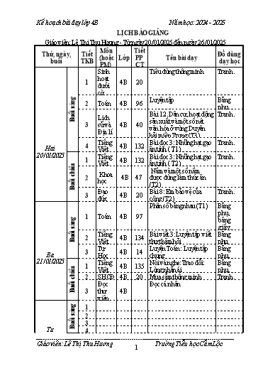 Kế hoạch bài dạy Toán + Tiếng Việt 4 - Tuần 20 - Năm học 2024-2025 - Lê Thị Thu Hương