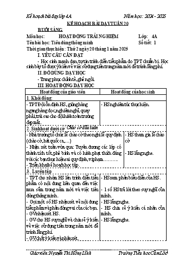 Kế hoạch bài dạy Toán + Tiếng Việt 4 - Tuần 20 - Năm học 2024-2025 - Nguyễn Thị Hồng Lĩnh