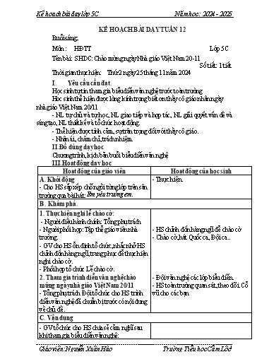 Kế hoạch bài dạy Toán + Tiếng Việt 5 - Tuần 12 - Năm học 2024-2025 - Nguyễn Xuân Hào
