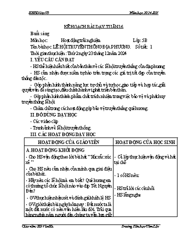 Kế hoạch bài dạy Toán + Tiếng Việt 5 - Tuần 16 - Năm học 2024-2025 - Hồ Văn Hà