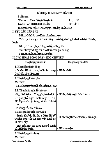 Kế hoạch bài dạy Toán + Tiếng Việt 5 - Tuần 18 - Năm học 2024-2025 - Hồ Văn Hà
